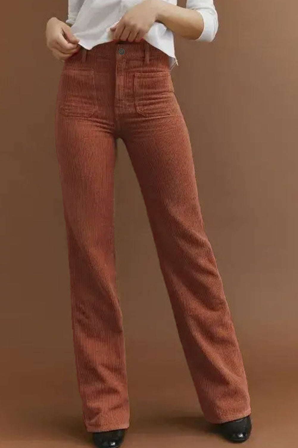 Brown High Waist Square Pockets Corduroy Pants - Glimmer Road