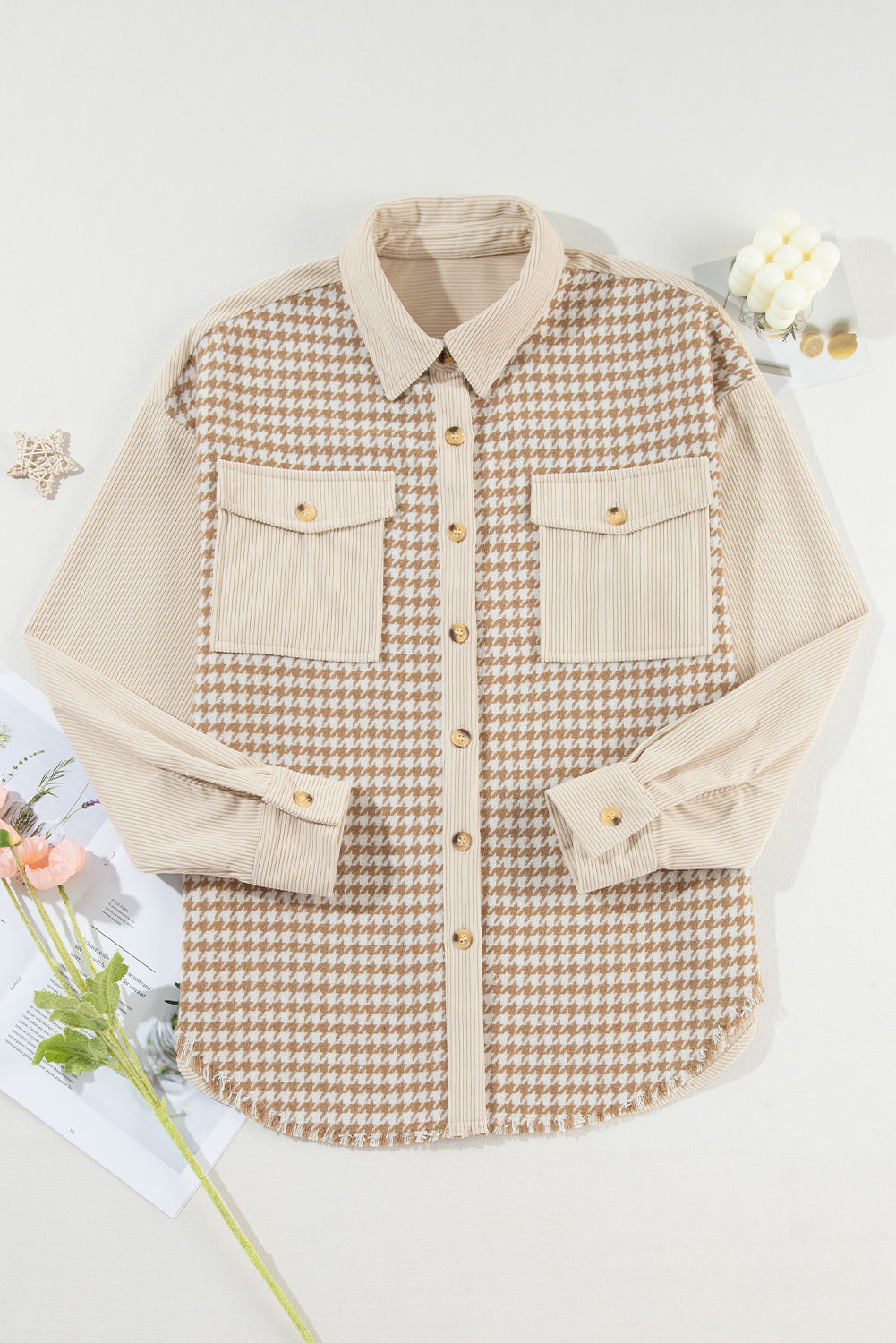 Parchment Houndstooth Corduroy Patchwork Flap Pocket Shacket - Glimmer Road
