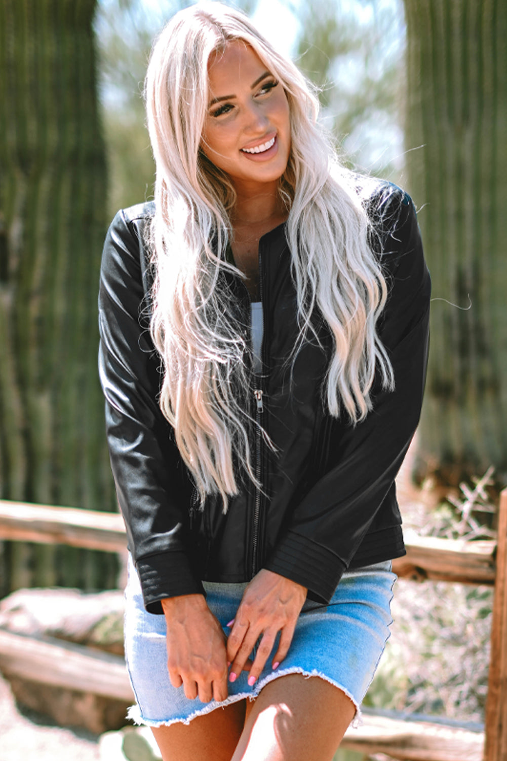 Black Solid Faux Leather Zipper Slim Fit Bomber Jacket - Glimmer Road