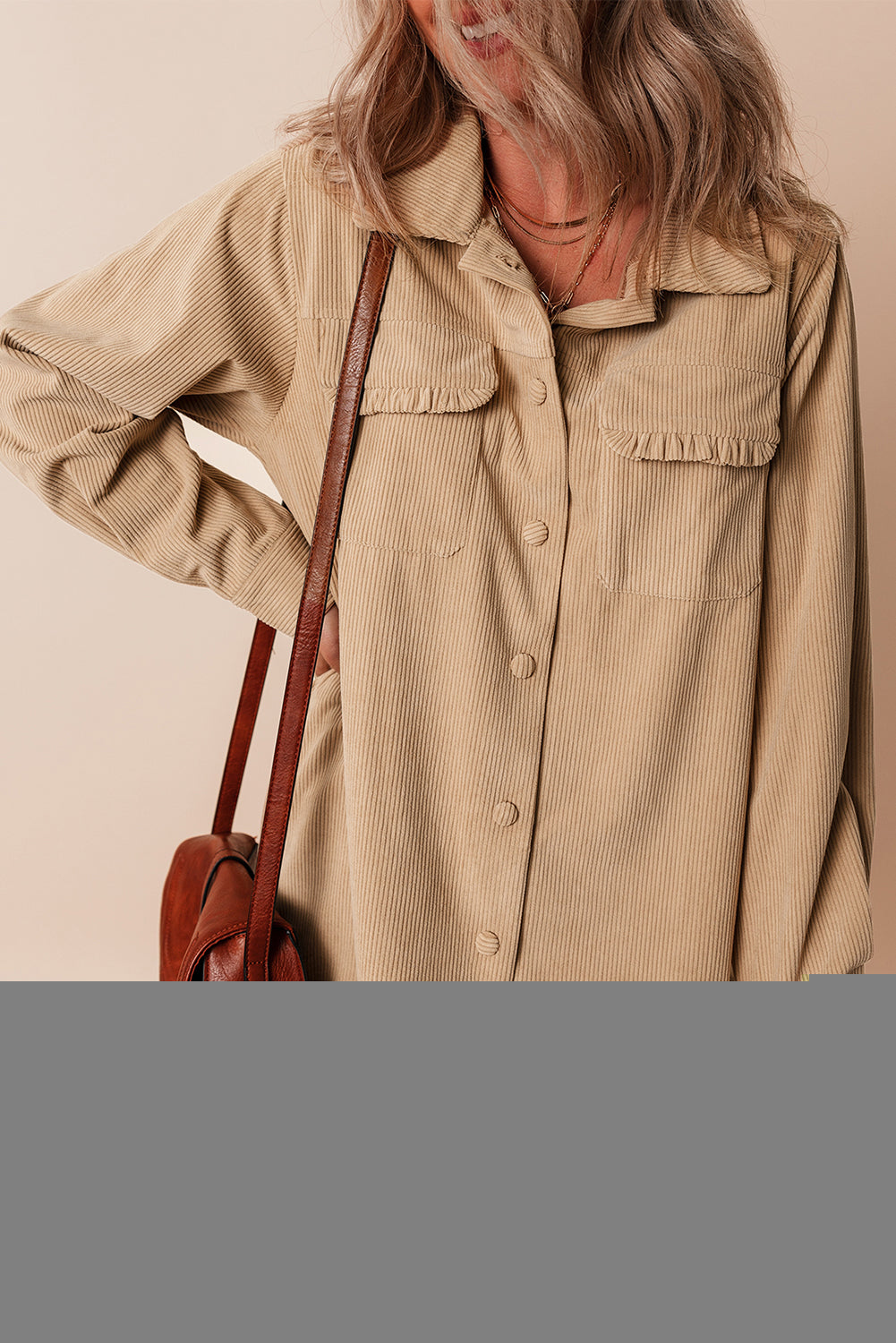 Light French Beige Solid Frilled Flap Pocket Button Up Corduroy Shacket - Glimmer Road