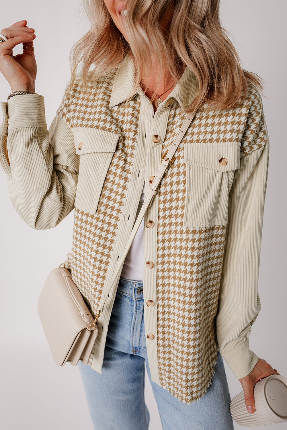 Parchment Houndstooth Corduroy Patchwork Flap Pocket Shacket - Glimmer Road