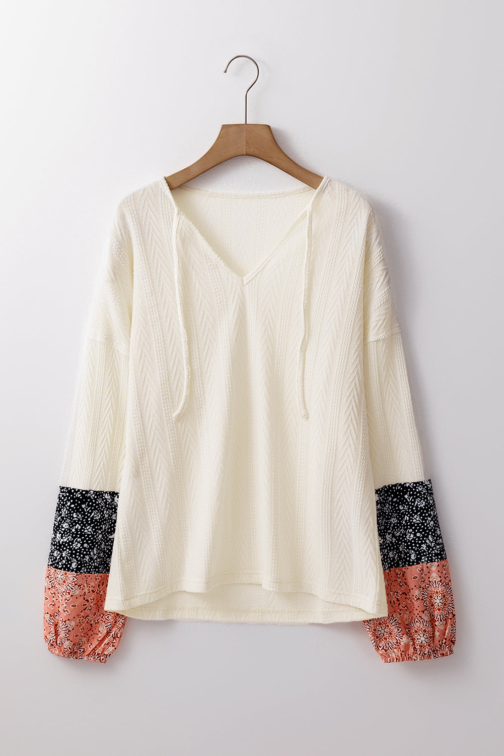 Black Floral Patchwork Textured Knit Drawstring V Neck Blouse - Glimmer Road