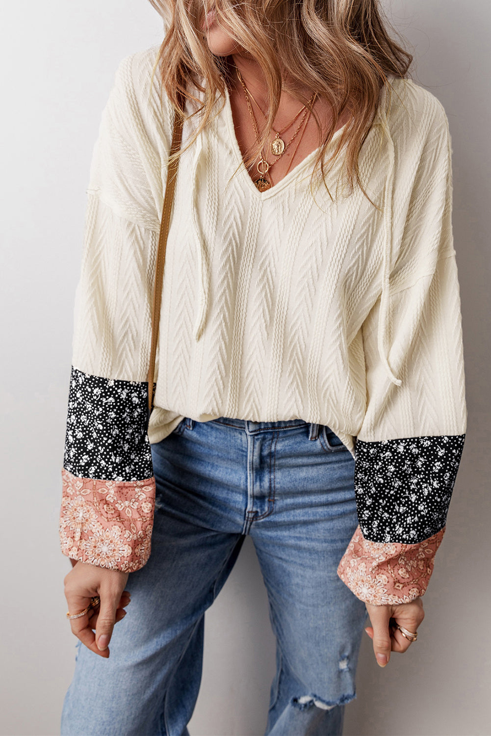 Black Floral Patchwork Textured Knit Drawstring V Neck Blouse - Glimmer Road