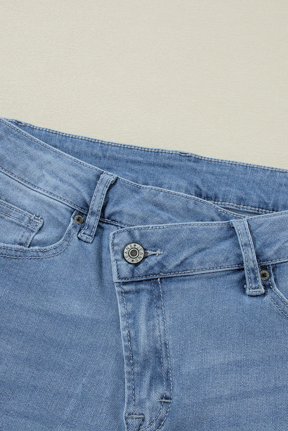 Dusk Blue High Rise Asymmetric Button Zip Fly Ripped Jeans - Glimmer Road