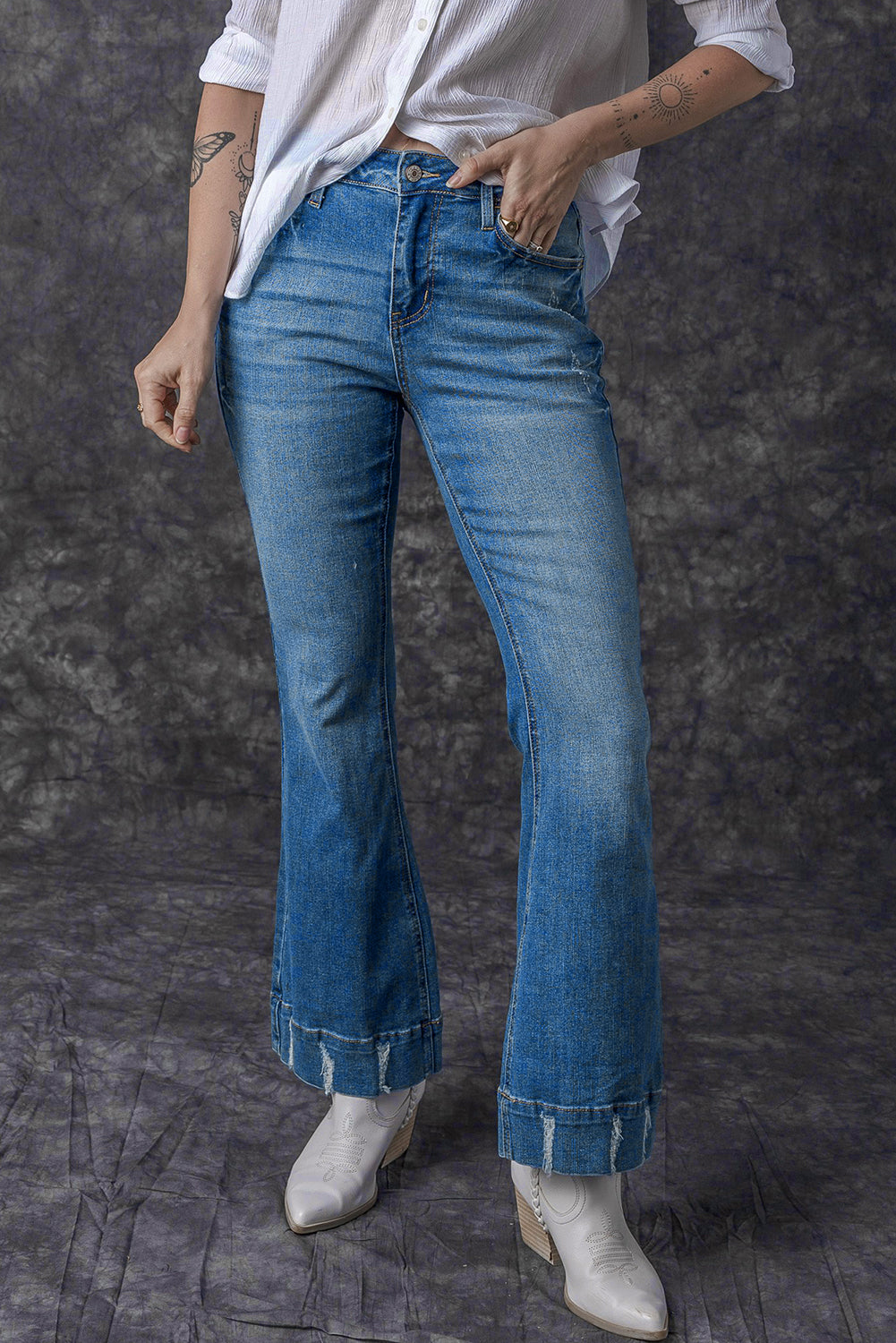 Sky Blue Slight Distressed Medium Wash Flare Jeans - Glimmer Road