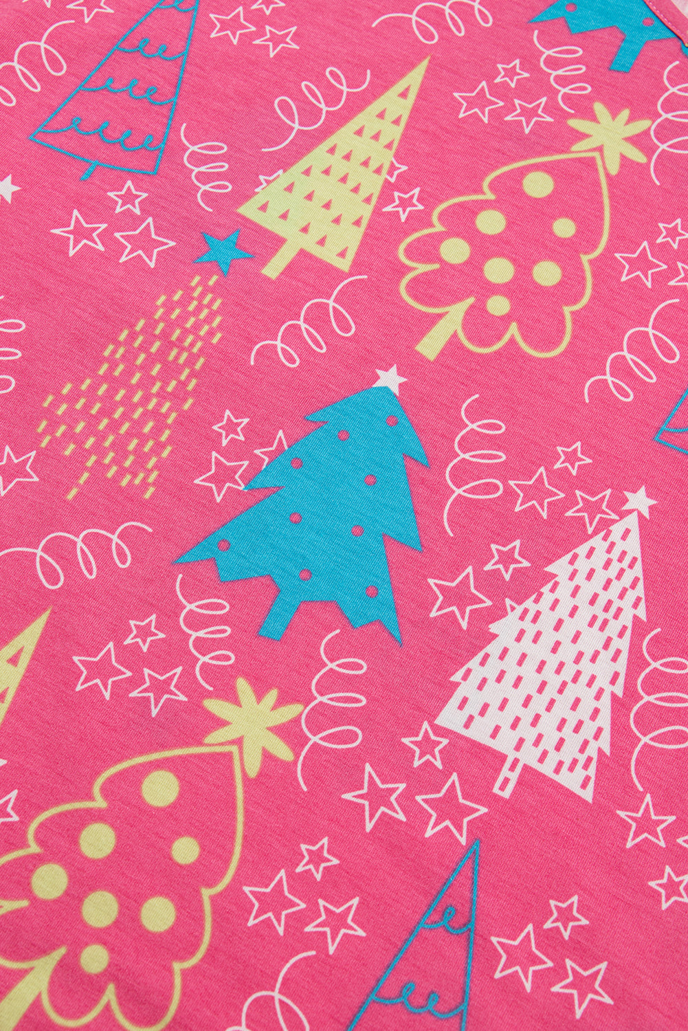 Rose Christmas Tree Print V Neck Tee and Pants Lounge Set - Glimmer Road