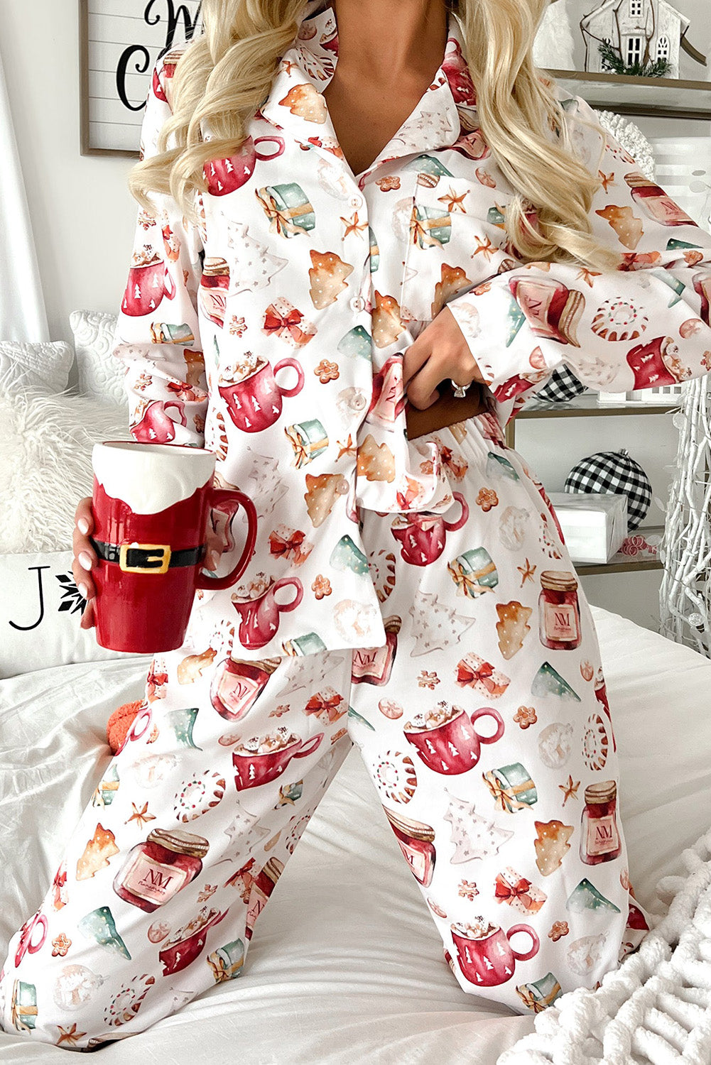 White Christmas Pattern Long Sleeve Shirt and Pants Pajama Set - Glimmer Road