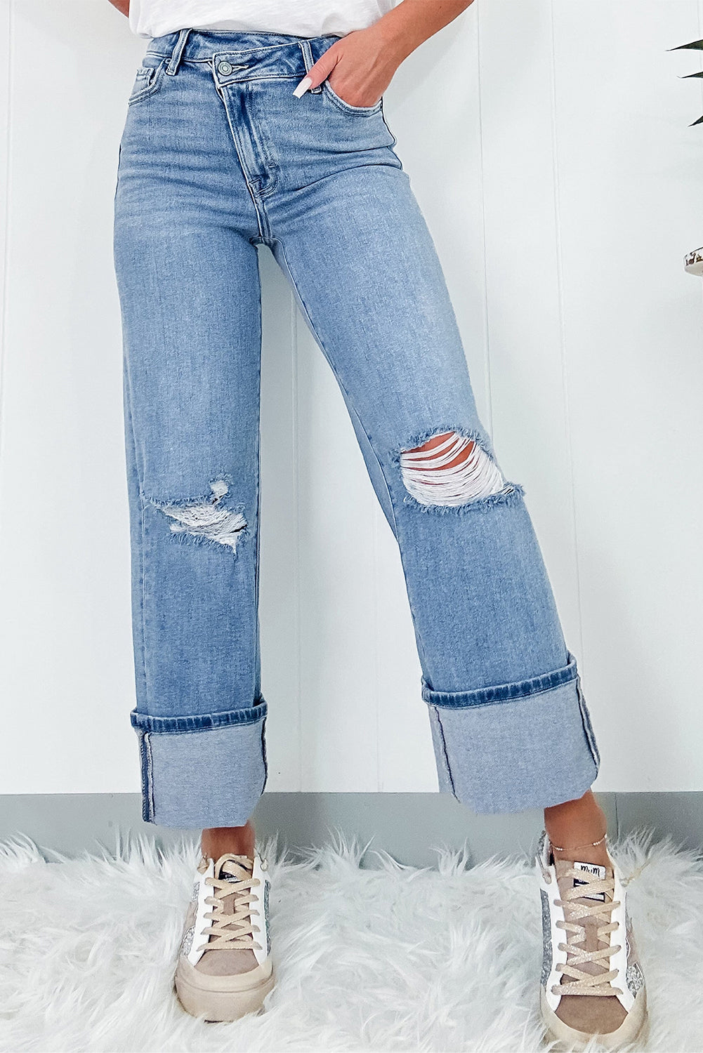 Dusk Blue High Rise Asymmetric Button Zip Fly Ripped Jeans - Glimmer Road