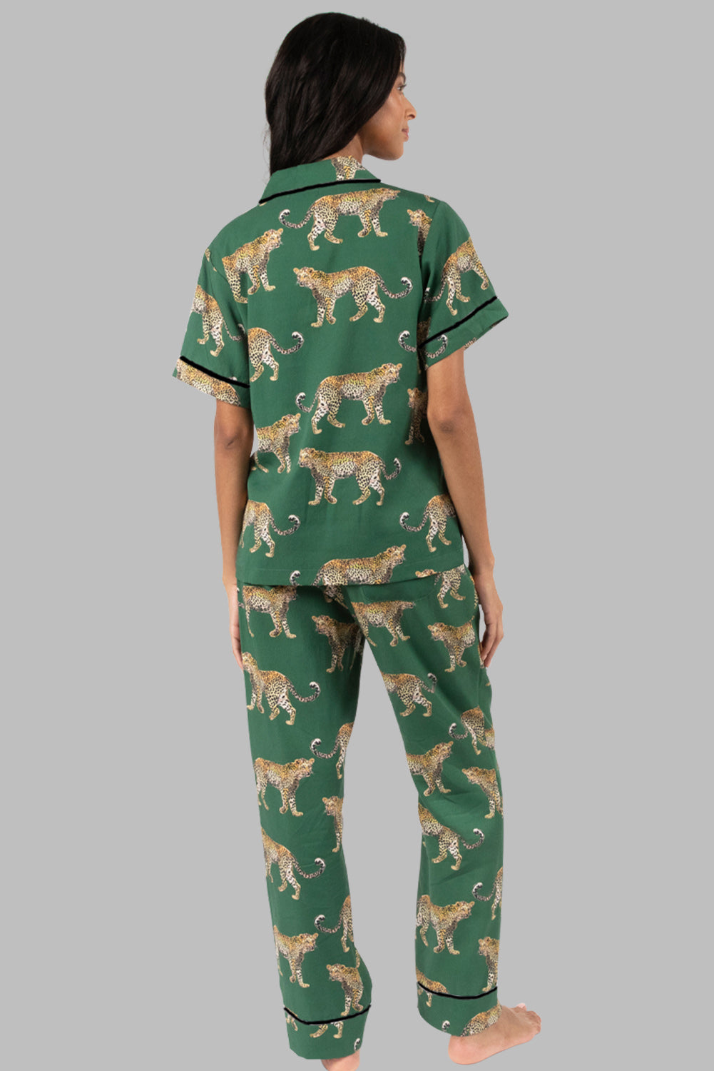Green Cheetah Print Short Sleeve Shirt and Pants Pajama Set - Glimmer Road