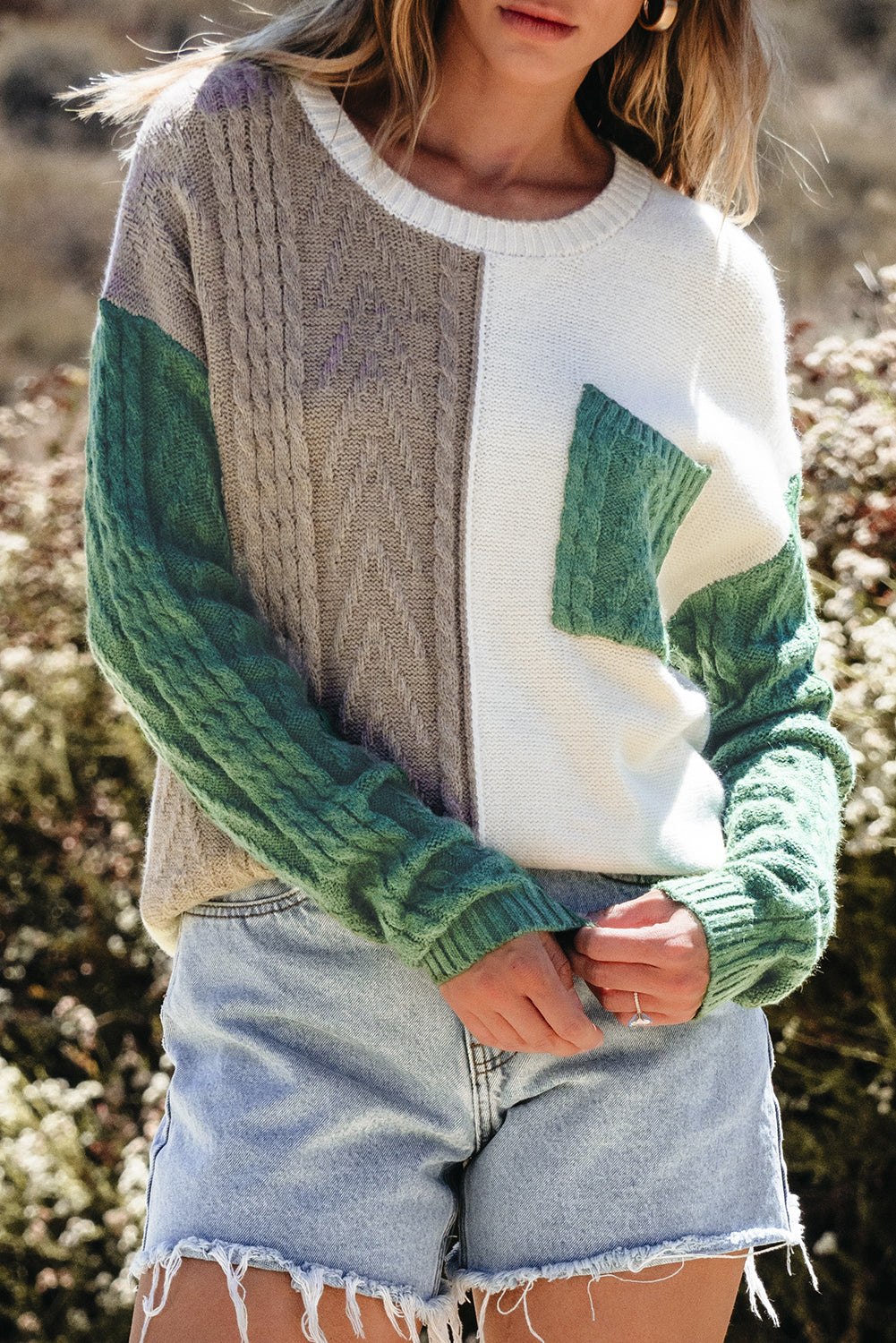 Vineyard Green Colorblock Patched Pocket Drop Shoulder Sweater - Glimmer Road