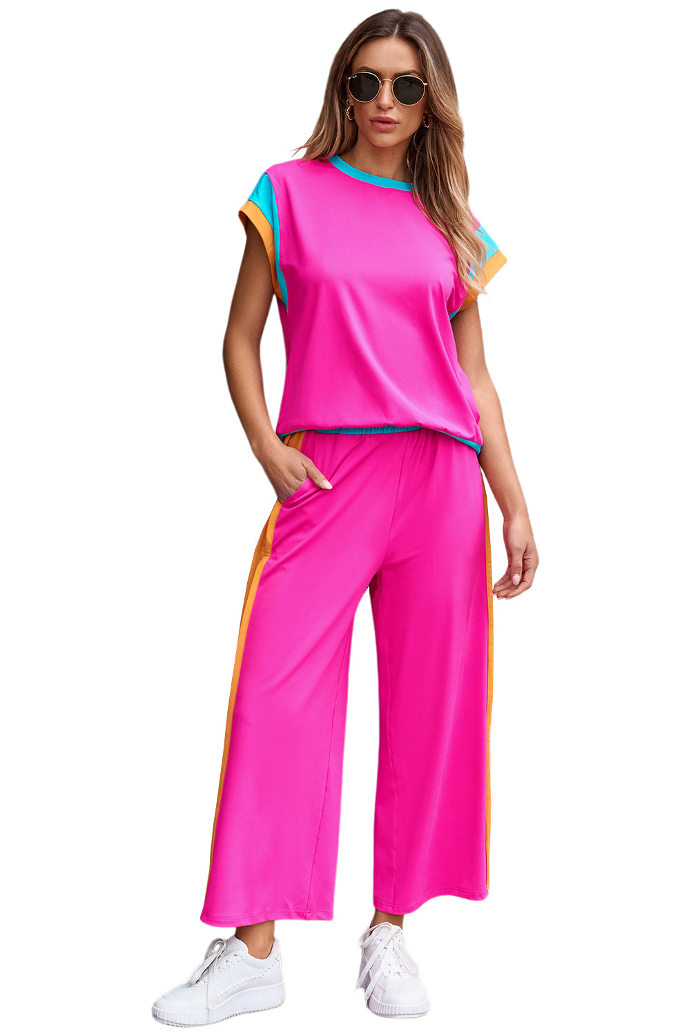 Strawberry Pink Color Block Detail Casual Two-piece Set - Glimmer Road