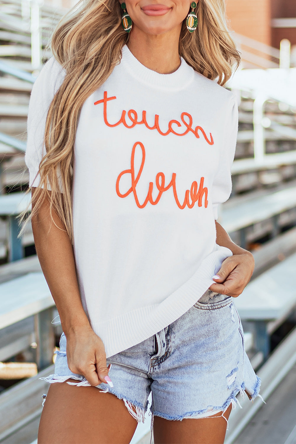 White Touchdown Tinsel Puff Short Sleeve Crew Neck Sweater - Glimmer Road