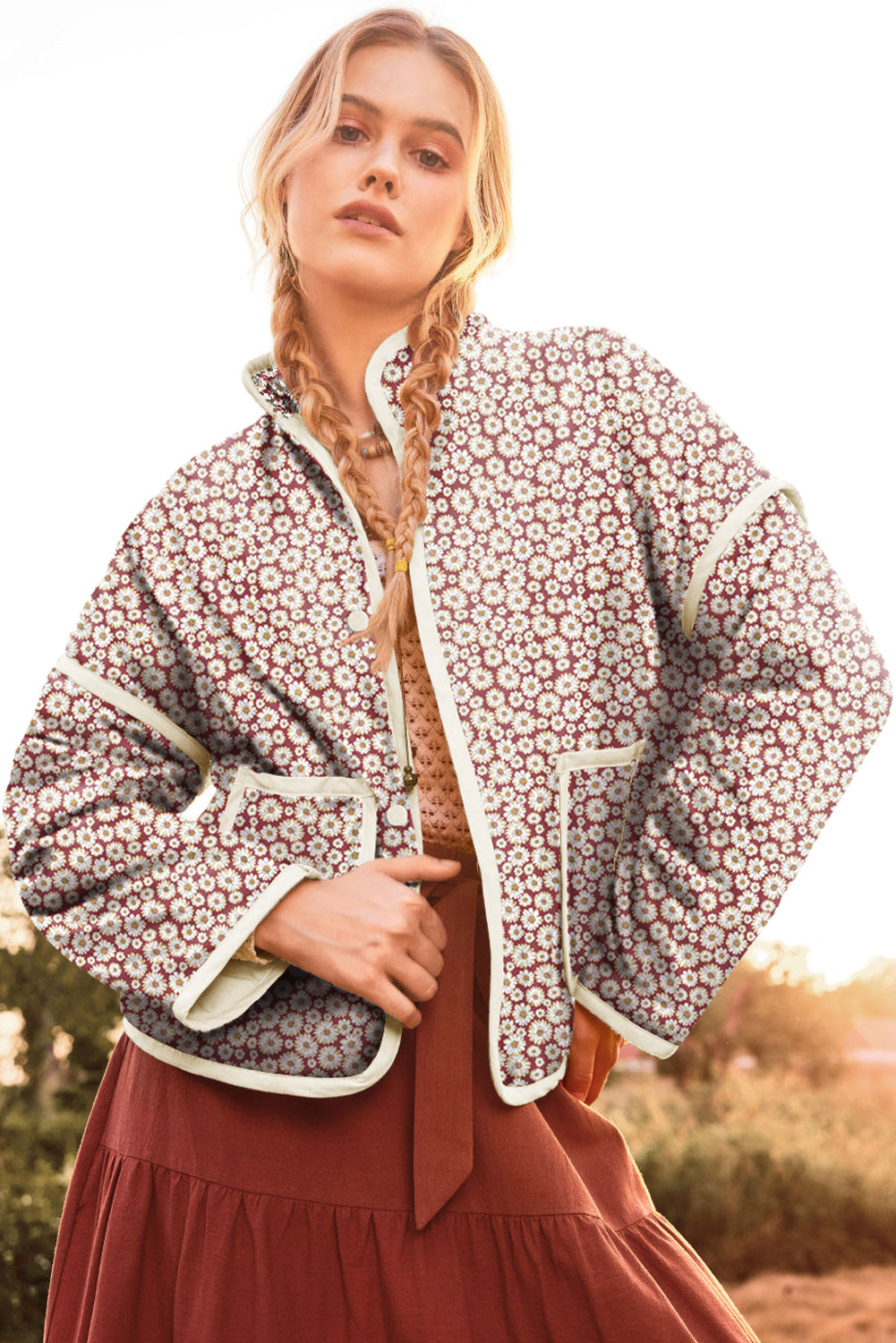 Pink Floral Print Contrast Edge Stand Neck Coat - Glimmer Road