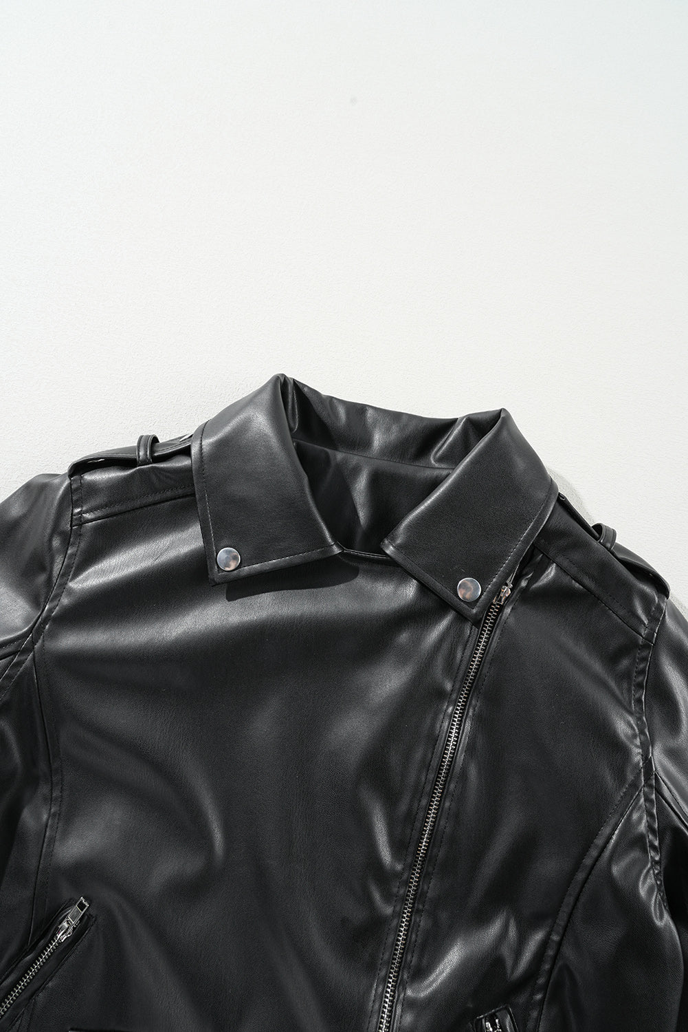 Black PU Leather Lapel Collar Zipper Jacket - Glimmer Road