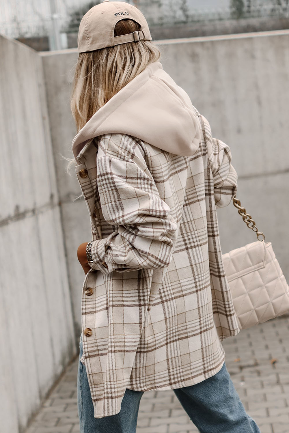 Khaki Plaid Removable Hood Buttoned Shacket - Glimmer Road