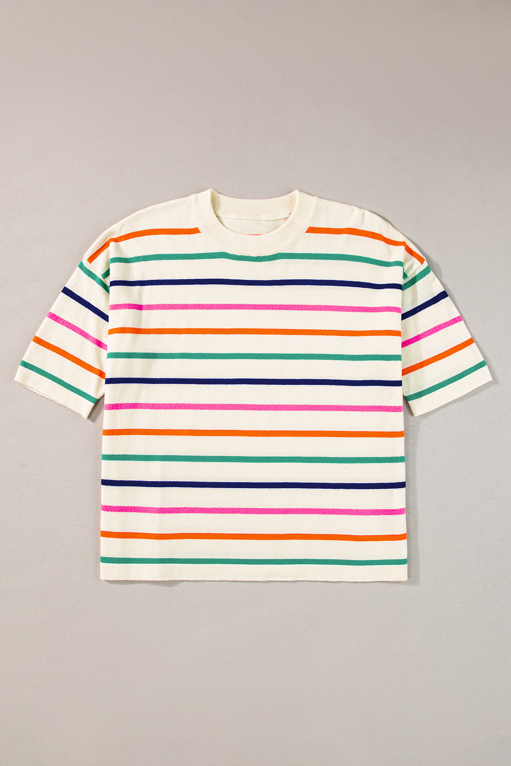 Beige Stripe Dropped Short Sleeve Boxy Fit Knitted Top - Glimmer Road