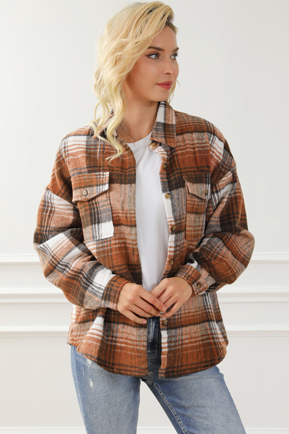 Brown Plaid Flap Pockets Shacket - Glimmer Road