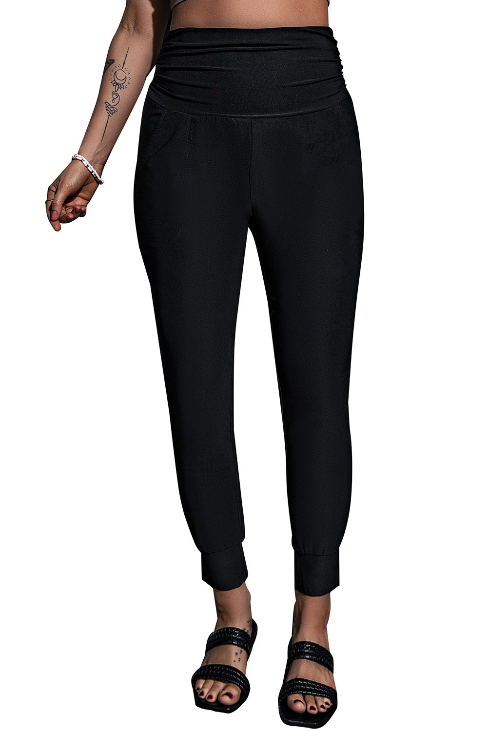 Black High Waist Pleated Pocket Leggings - Glimmer Road