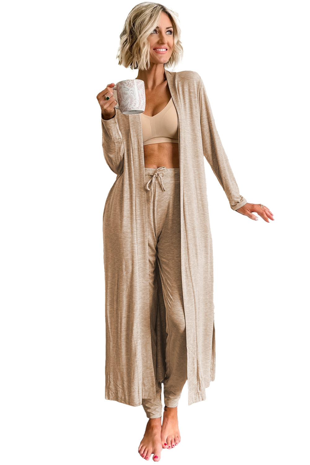 Parchment Split Long Cardigan and Skinny Pants Lounge Set - Glimmer Road