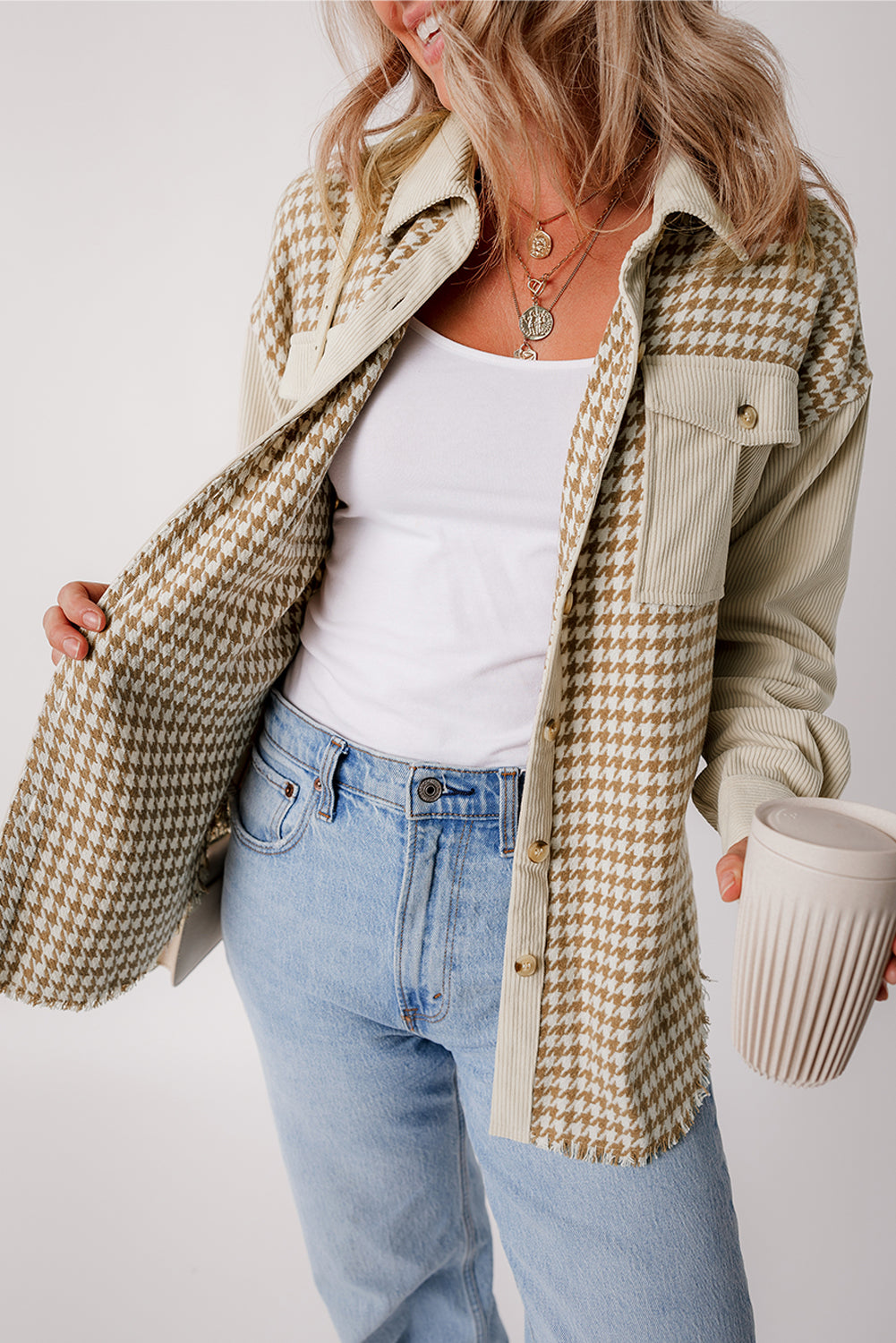 Parchment Houndstooth Corduroy Patchwork Flap Pocket Shacket - Glimmer Road