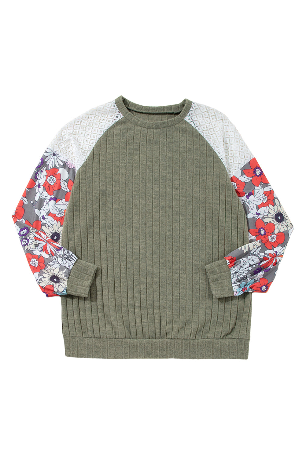 Laurel Green Floral Patchwork Long Sleeve Ribbed Blouse - Glimmer Road