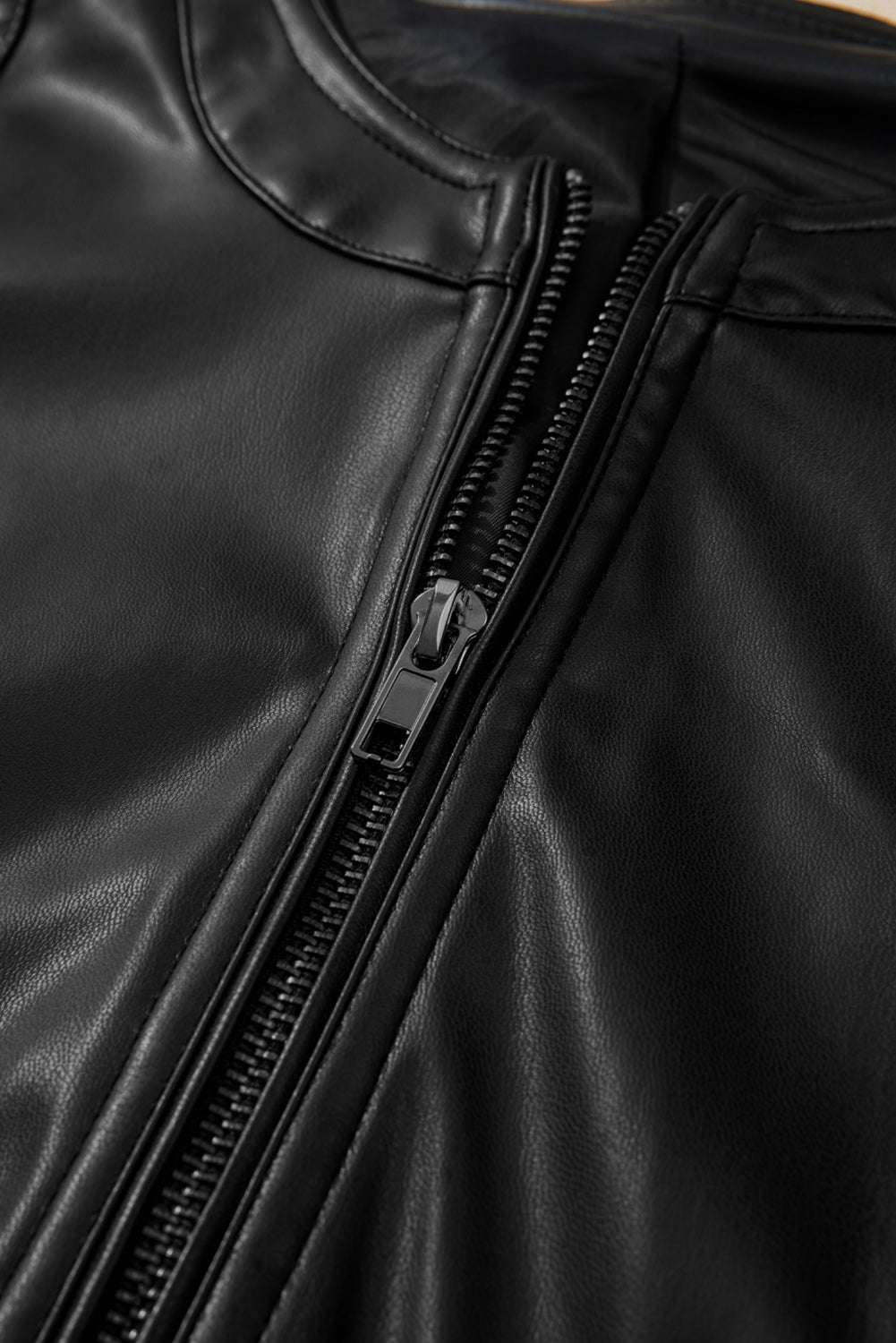 Black Solid Faux Leather Zipper Slim Fit Bomber Jacket - Glimmer Road