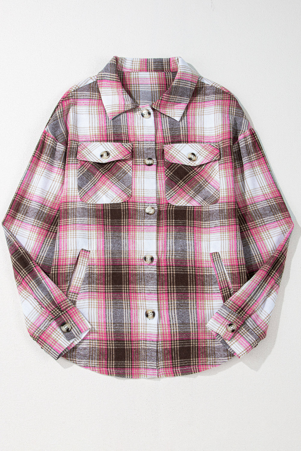 Pink Plaid Flap Pocket Button Up Shacket - Glimmer Road