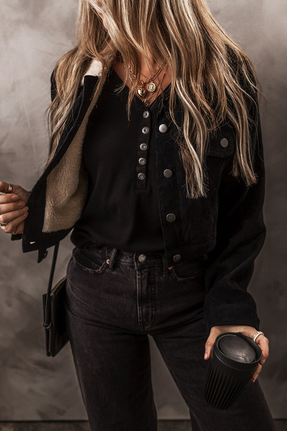 Black Fleece Lined Button-up Collared Corduroy Crop Jacket - Glimmer Road