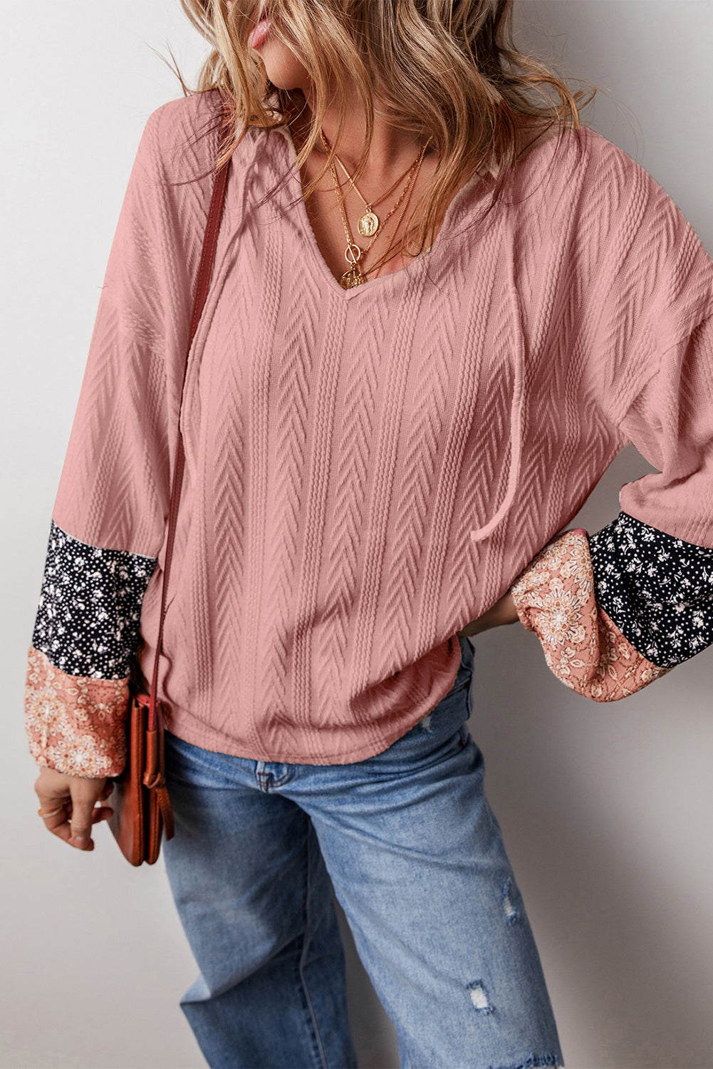 Black Floral Patchwork Textured Knit Drawstring V Neck Blouse - Glimmer Road