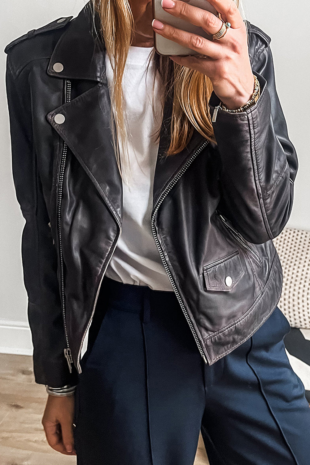 Black PU Leather Lapel Collar Zipper Jacket - Glimmer Road