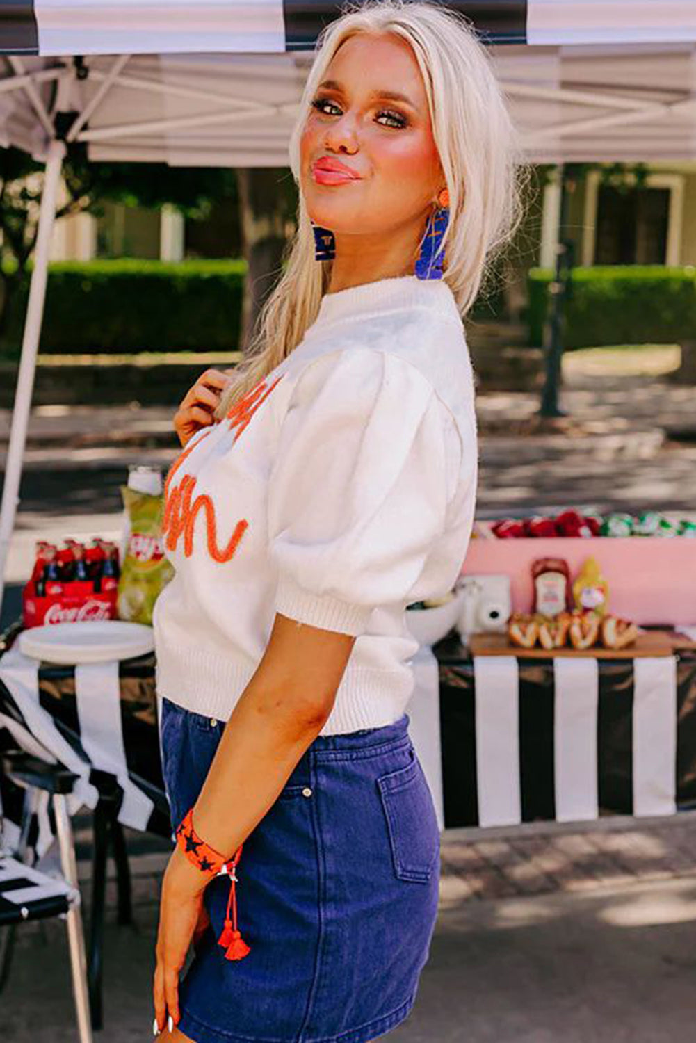 White Touchdown Tinsel Puff Short Sleeve Crew Neck Sweater - Glimmer Road