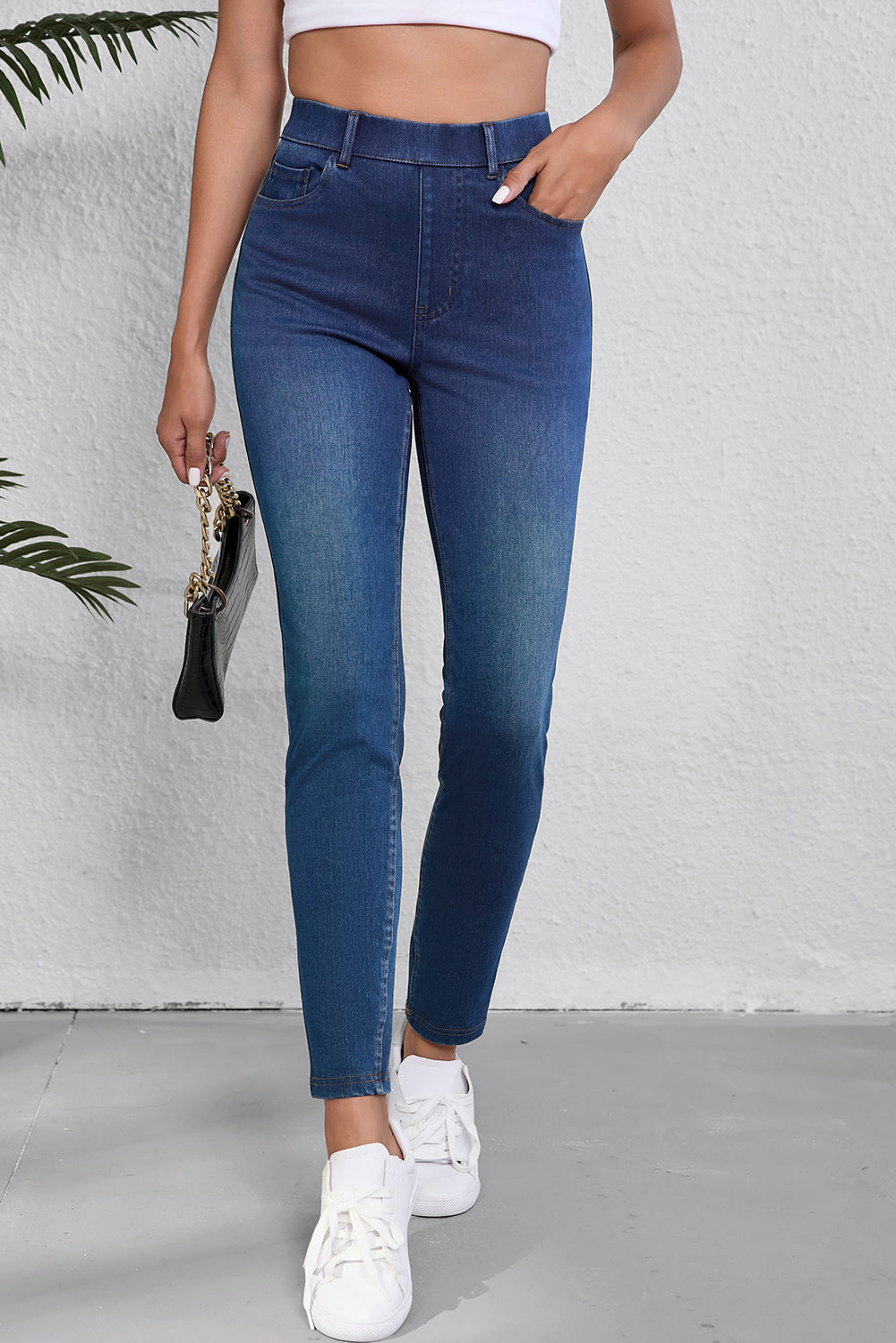 Ashleigh Blue Multiple Pockets Straight Leg Washed Stretchy Knit Casual Jeans - Glimmer Road