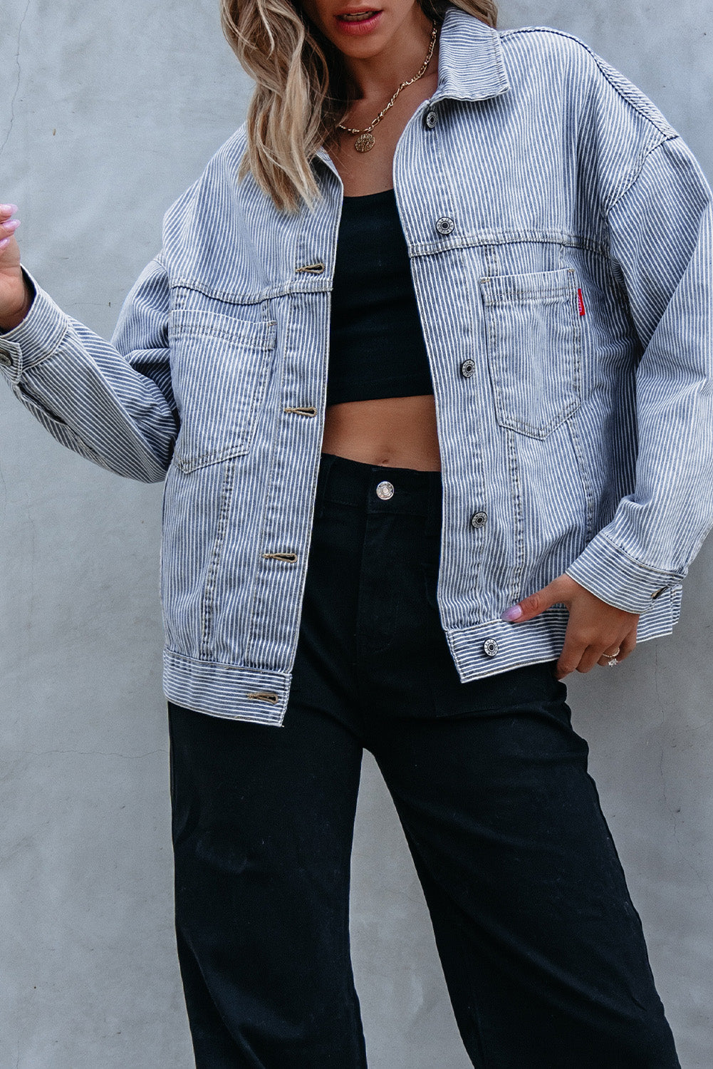 Sky Blue Stripe Washed Oversize Pocketed Denim Jacket - Glimmer Road