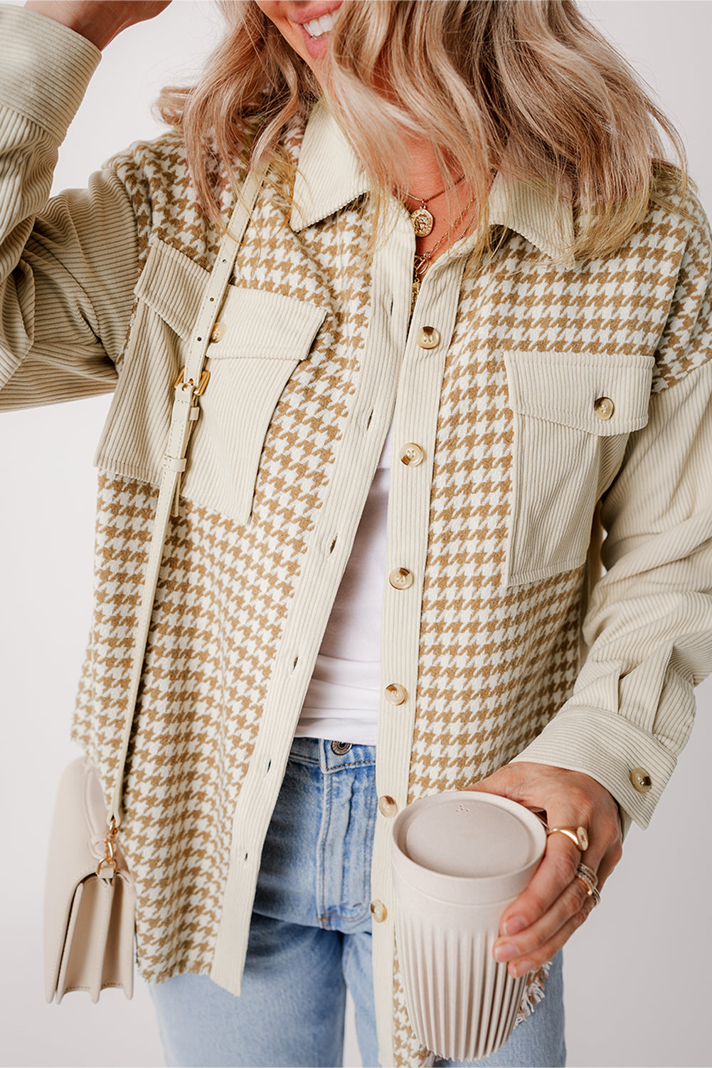 Parchment Houndstooth Corduroy Patchwork Flap Pocket Shacket - Glimmer Road