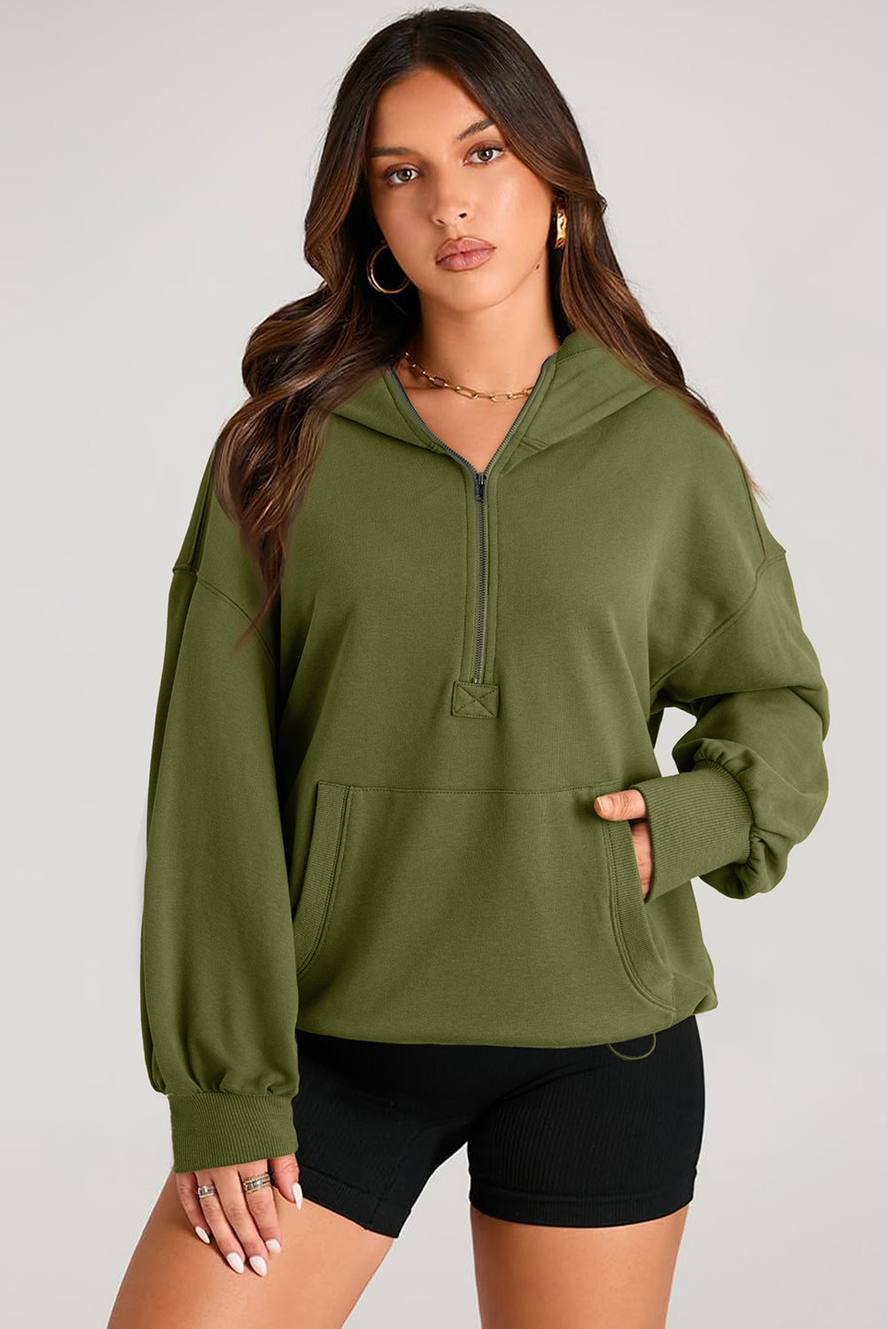 Orange Solid Kangaroo Pocket Half Zipper Oversized Hoodie - Glimmer Road