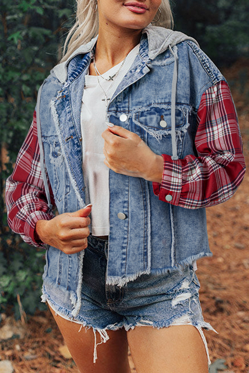 Beau Blue Plaid Print Patchwork Hooded Raw Hem Denim Jacket - Glimmer Road
