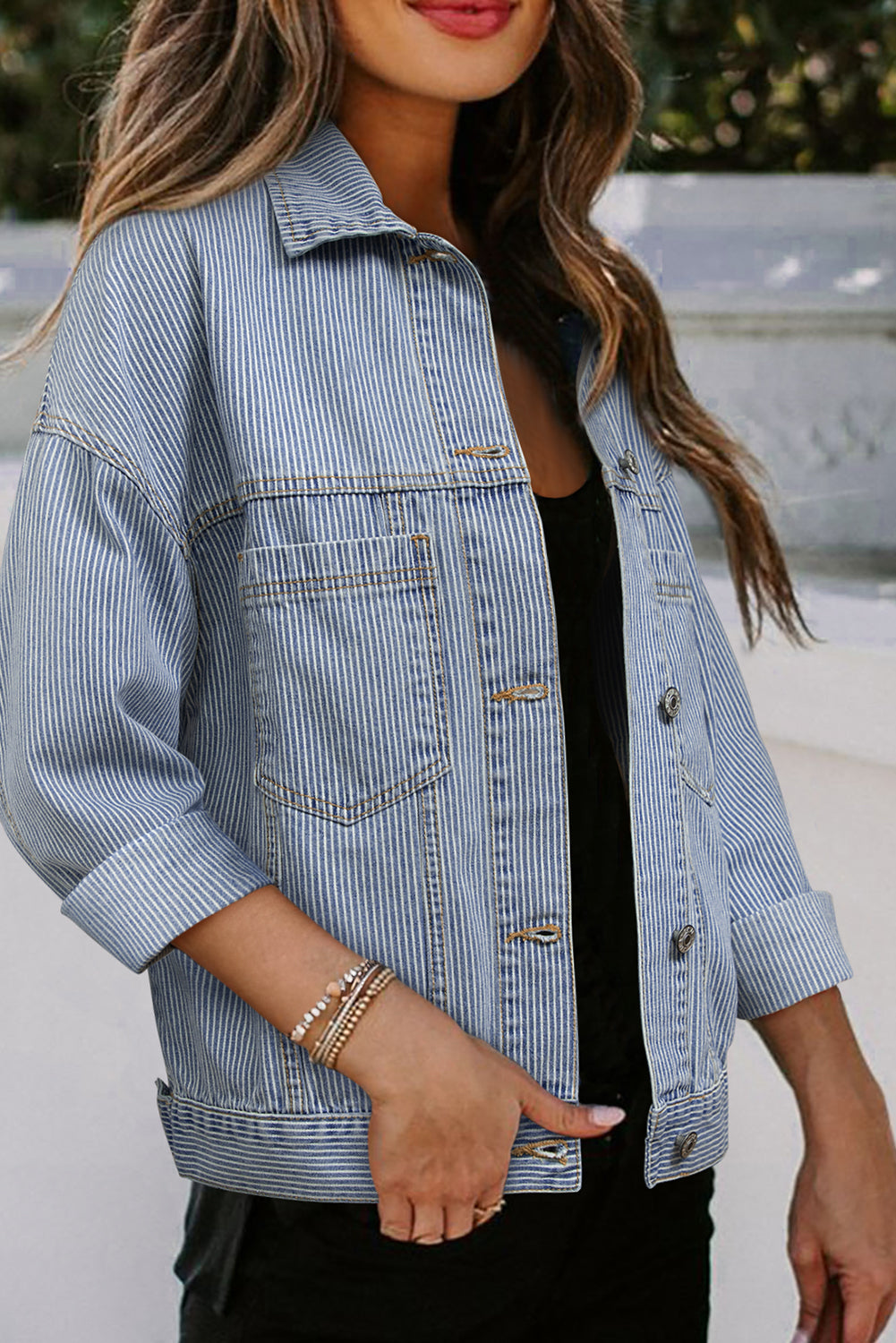 Sky Blue Stripe Washed Oversize Pocketed Denim Jacket - Glimmer Road