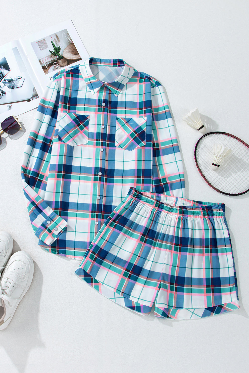 Blue Plaid Print Shirt and Shorts 2Pcs Lounge Set - Glimmer Road
