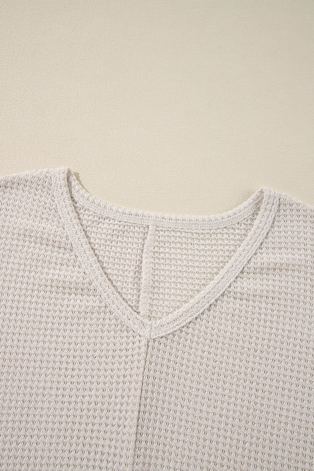 White Waffle Knit Side Slits Loose Fit V Neck Top - Glimmer Road