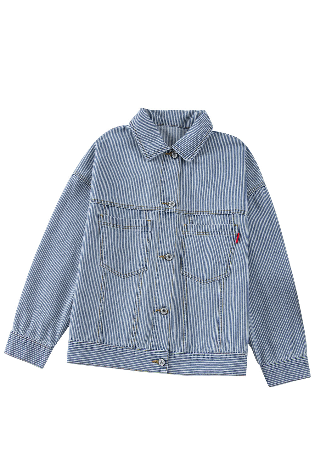 Sky Blue Stripe Washed Oversize Pocketed Denim Jacket - Glimmer Road