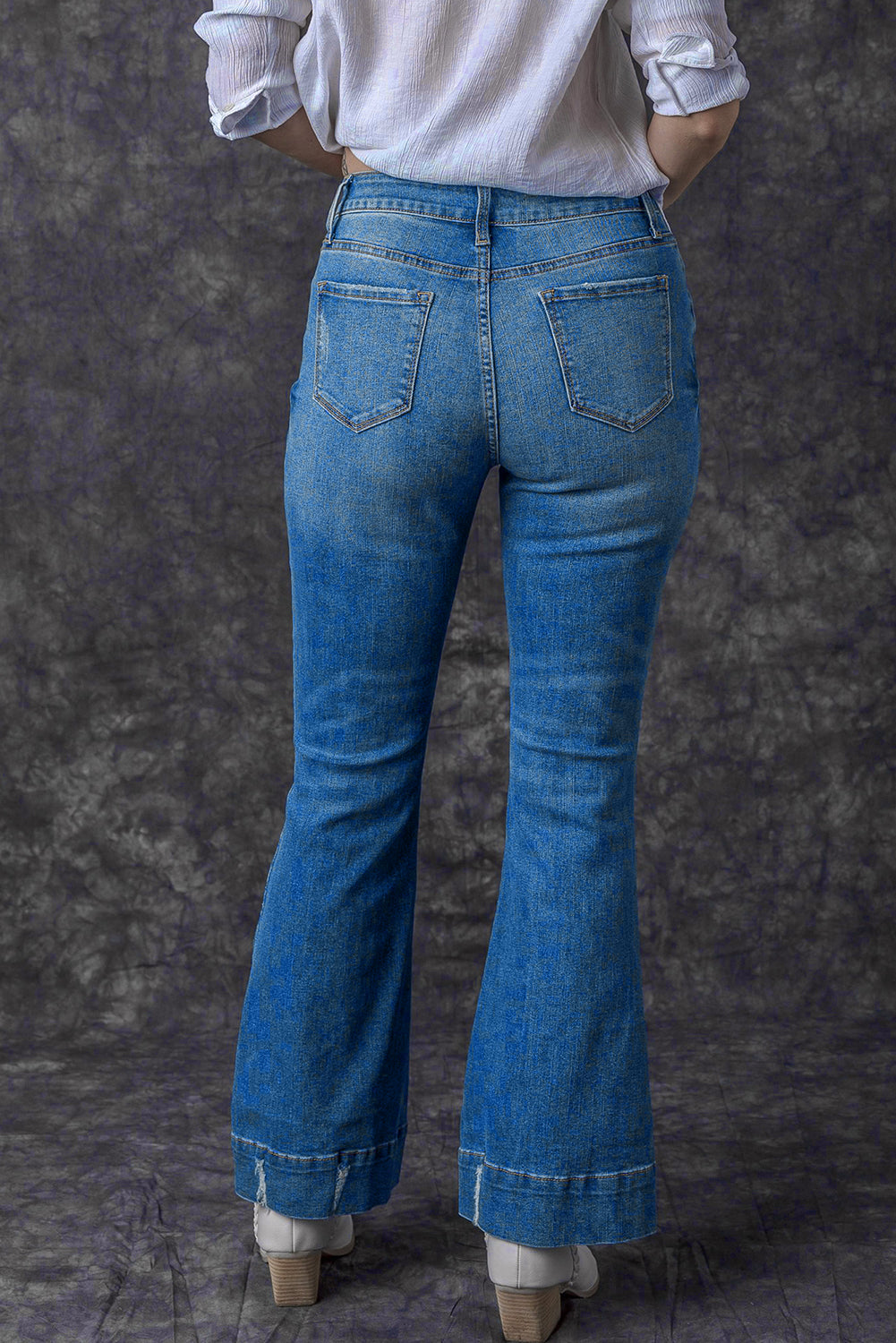 Sky Blue Slight Distressed Medium Wash Flare Jeans - Glimmer Road
