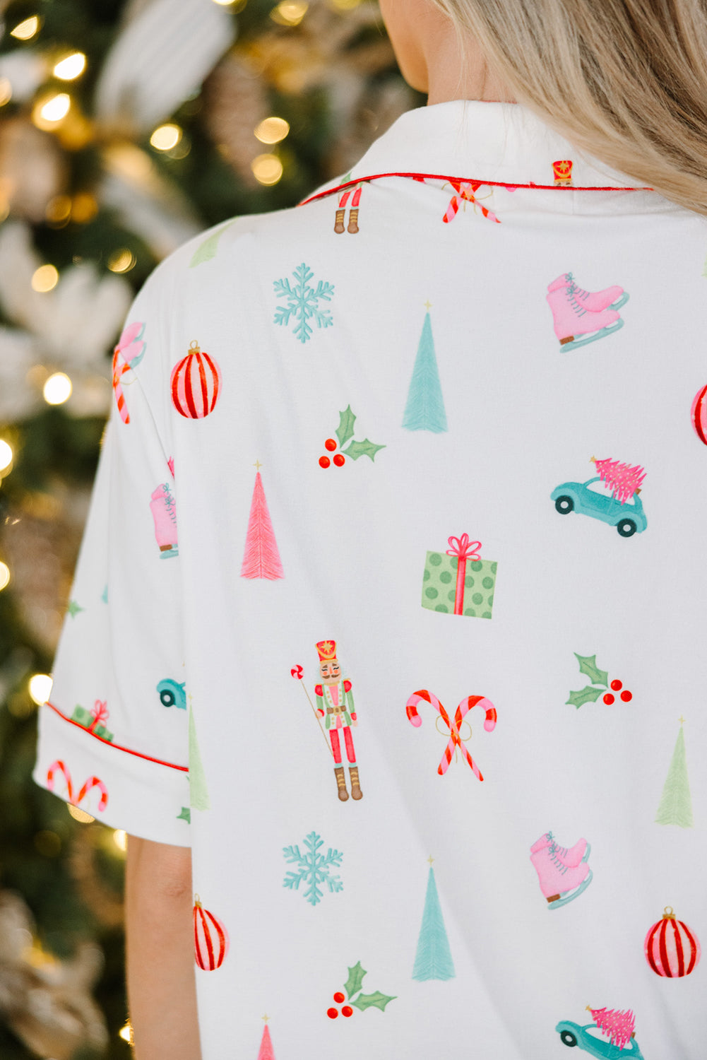 White Christmas Print Short Sleeve Shirt and Shorts Pajama Set - Glimmer Road
