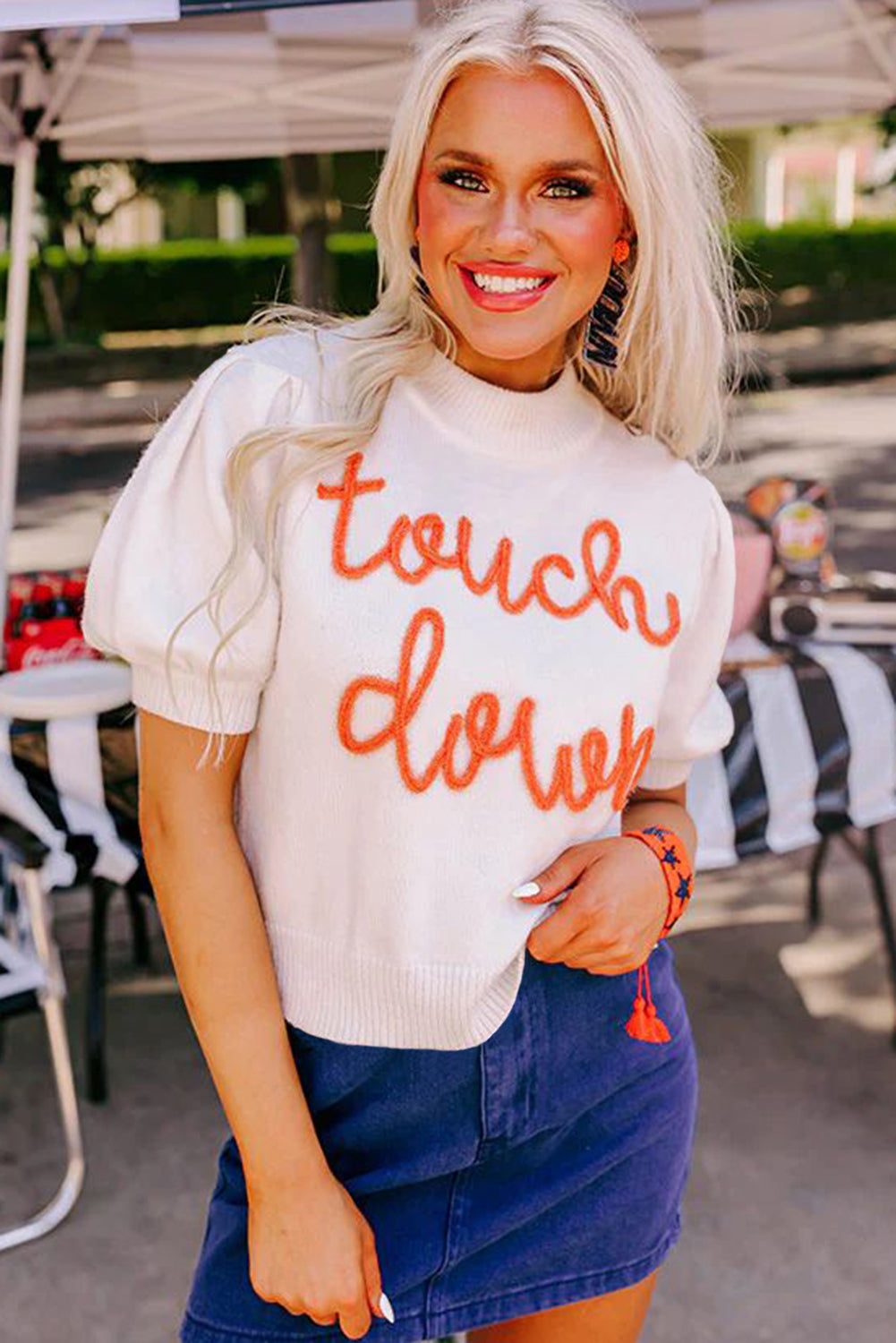 White Touchdown Tinsel Puff Short Sleeve Crew Neck Sweater - Glimmer Road