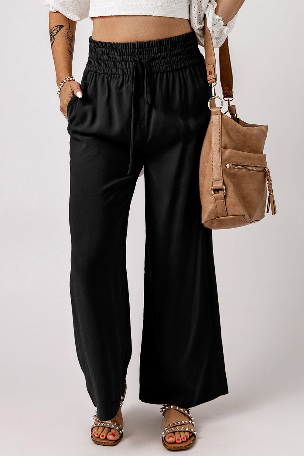 Black Drawstring Elastic Waist Casual Wide Leg Pants - Glimmer Road