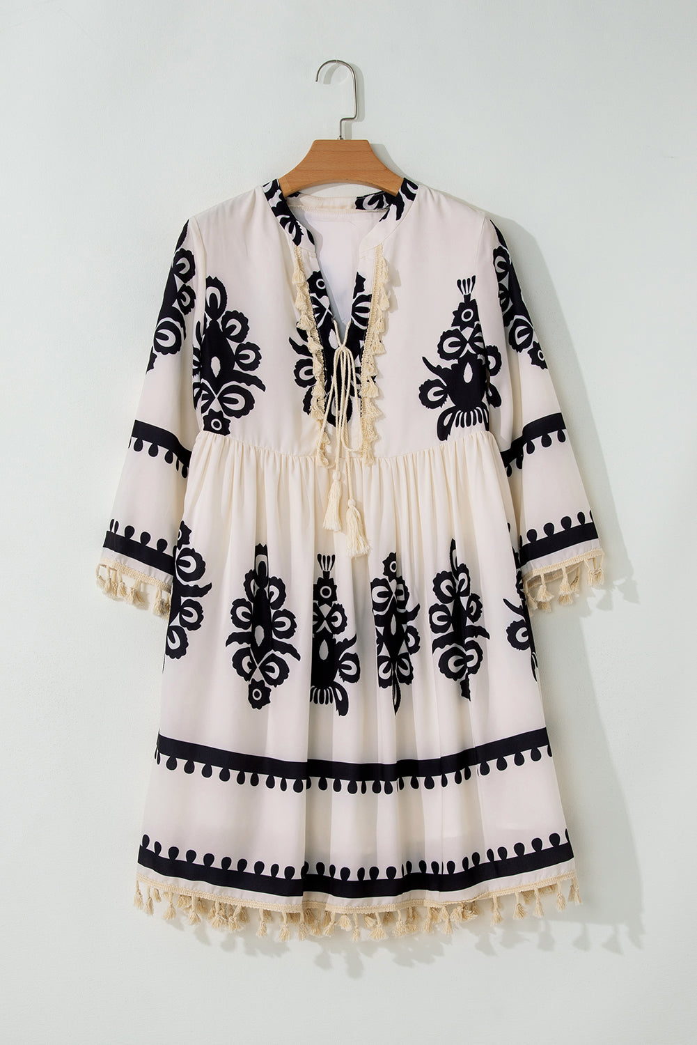 Beige Western Pattern Print Tasseled Notch V Neck Mini Dress - Glimmer Road