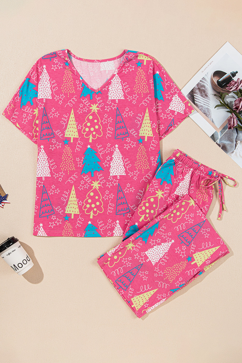 Rose Christmas Tree Print V Neck Tee and Pants Lounge Set - Glimmer Road