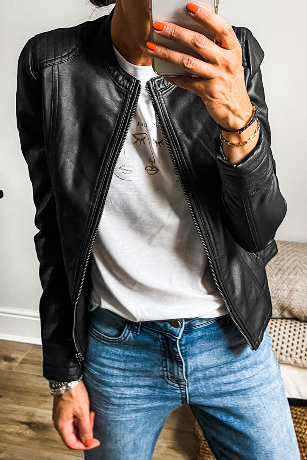 Black Solid Faux Leather Zipper Slim Fit Bomber Jacket - Glimmer Road