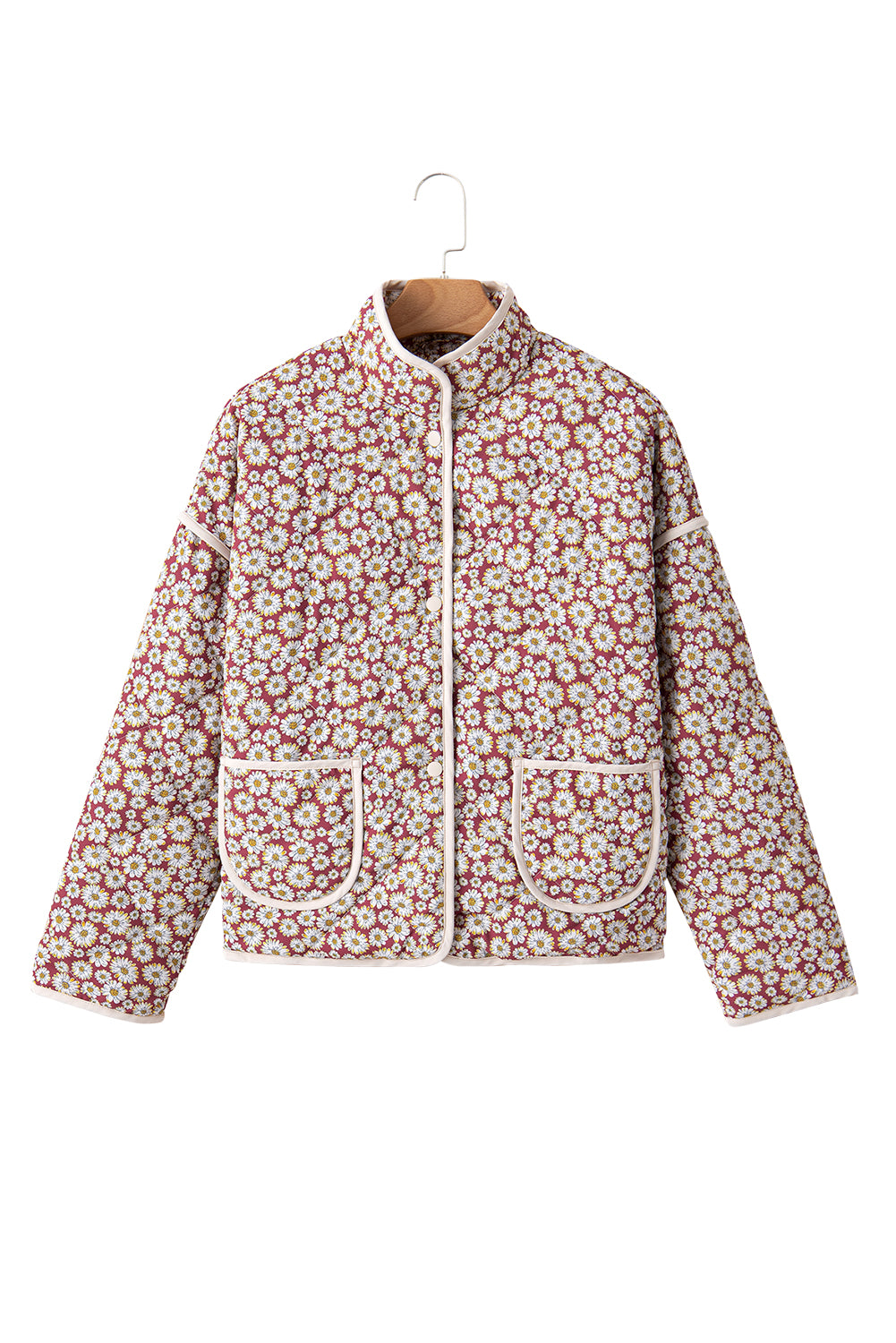 Pink Floral Print Contrast Edge Stand Neck Coat - Glimmer Road