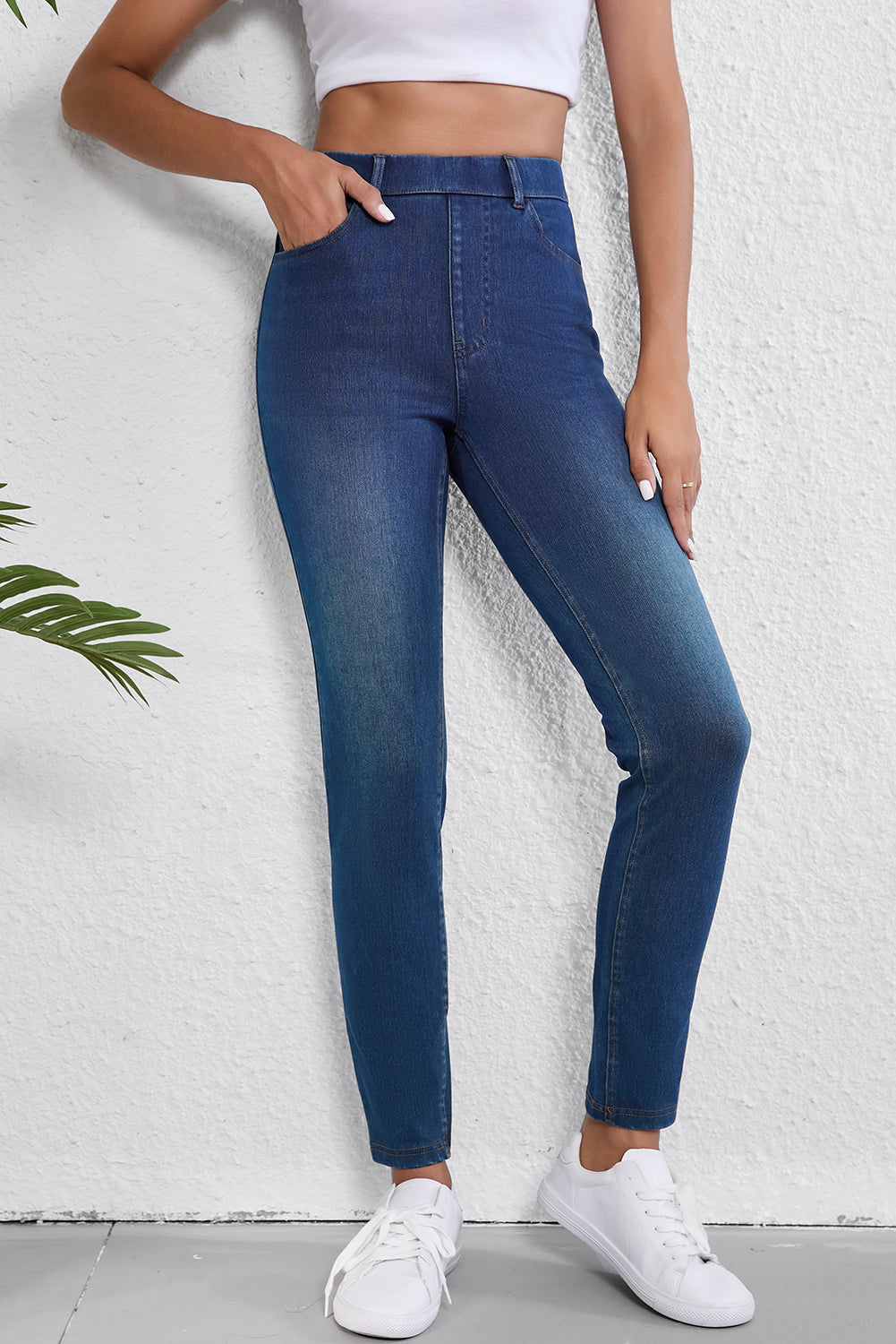 Ashleigh Blue Multiple Pockets Straight Leg Washed Stretchy Knit Casual Jeans - Glimmer Road