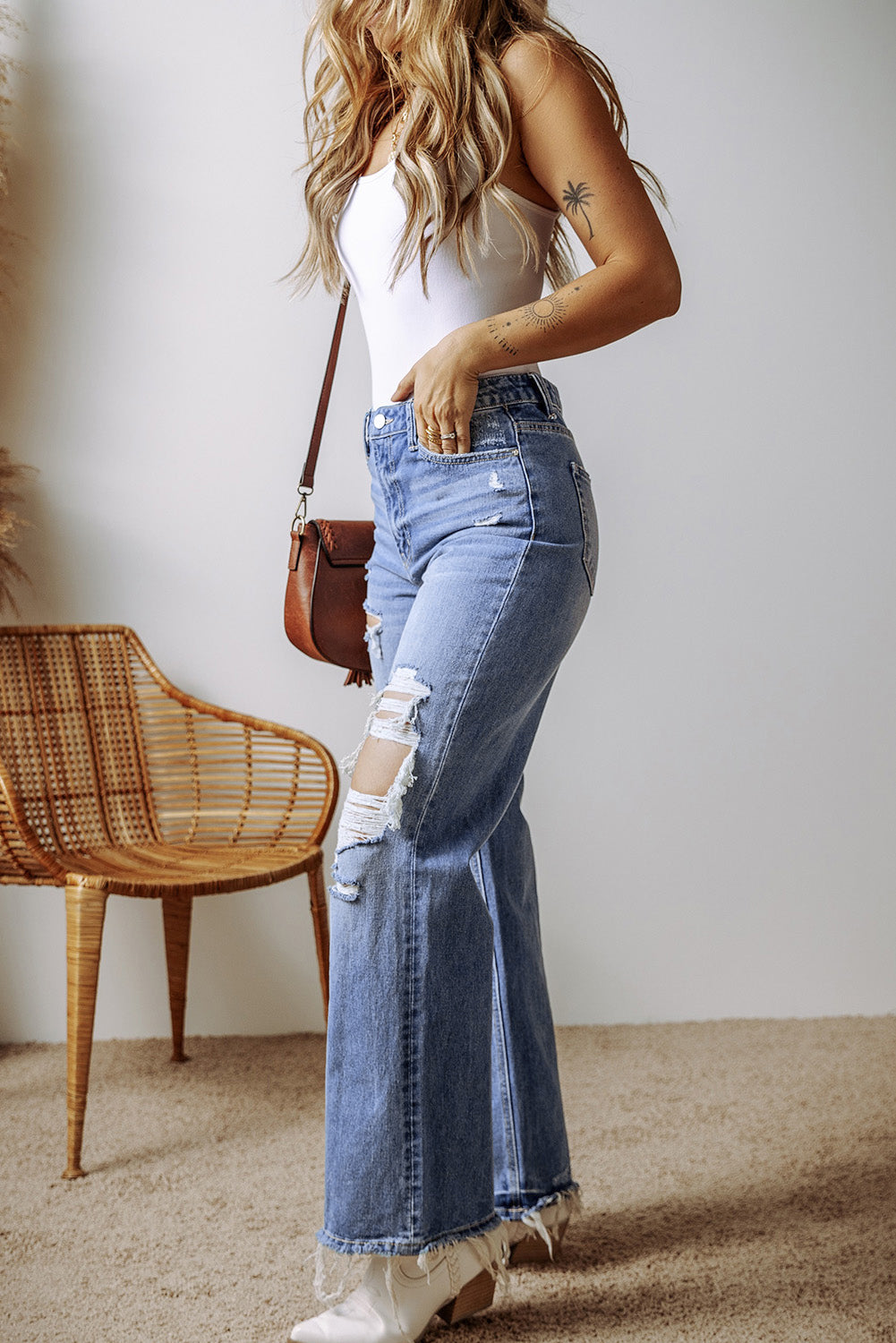 Ashleigh Blue Distressed Raw Hem Straight Leg High Waist Jeans - Glimmer Road
